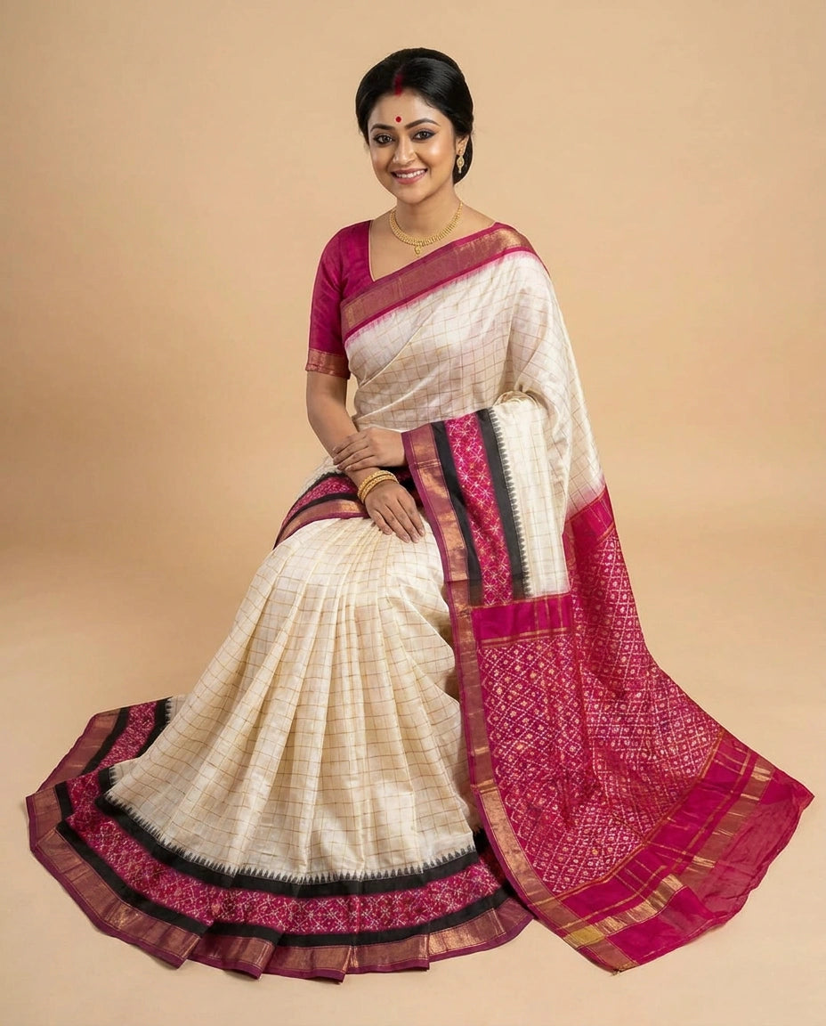 Off White Ikkat Saree in Silk Katan - Rangoli India