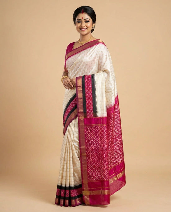 Off White Ikkat Saree in Silk Katan - Rangoli India