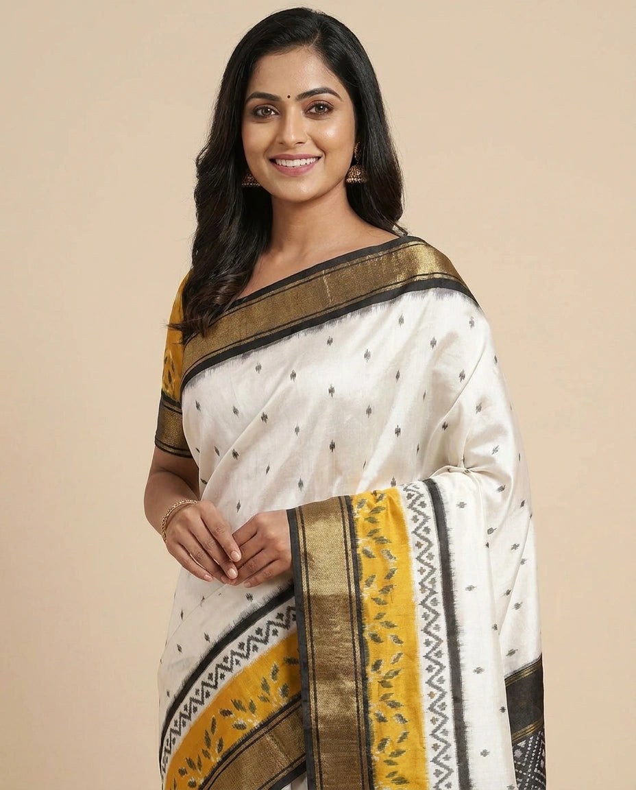 Off White Pure Silk Katan Ikkat - Rangoli India