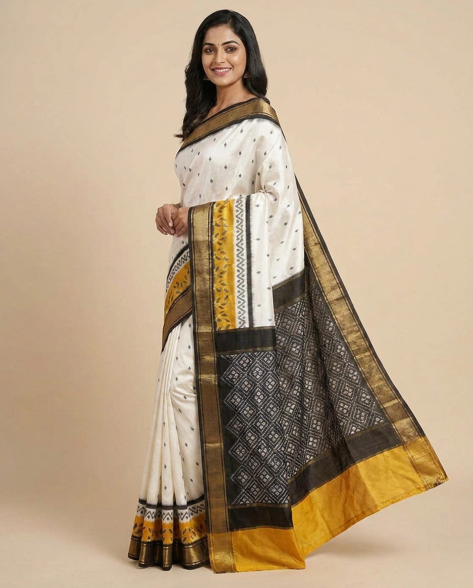 Off White Pure Silk Katan Ikkat - Rangoli India