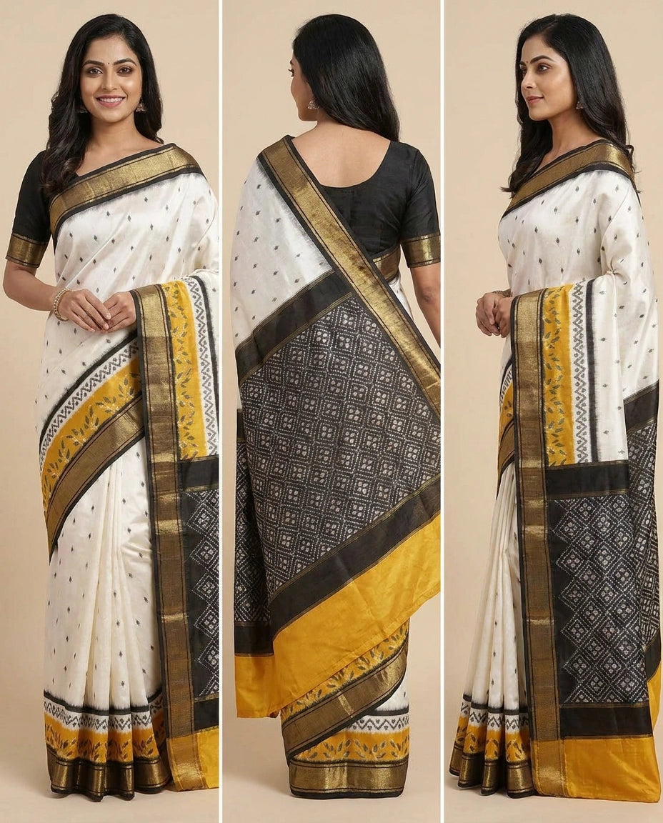 Off White Pure Silk Katan Ikkat - Rangoli India