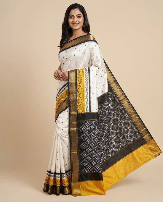 Off White Pure Silk Katan Ikkat - Rangoli India