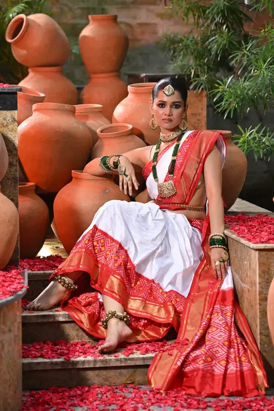 Off White Ikkat Saree with Red Border - Rangoli India