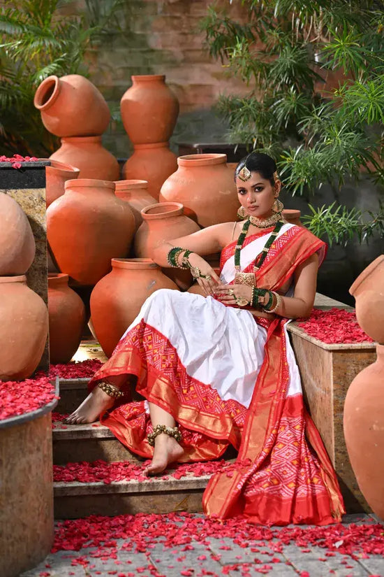 Off White Ikkat Saree with Red Border - Rangoli India