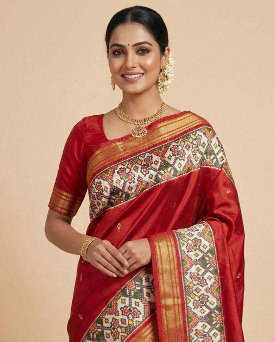 Red Ikkat Silk Katan Saree - Rangoli India