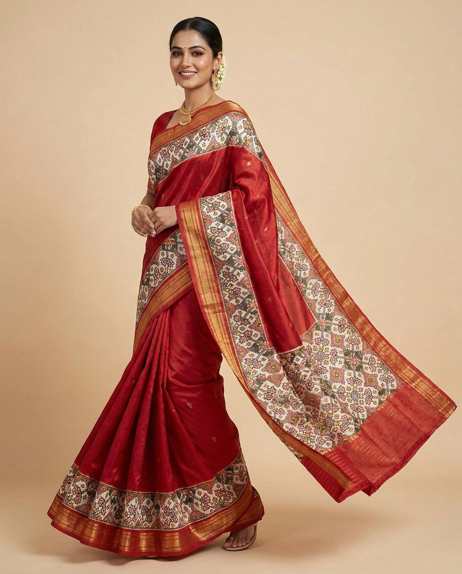 Red Ikkat Silk Katan Saree - Rangoli India