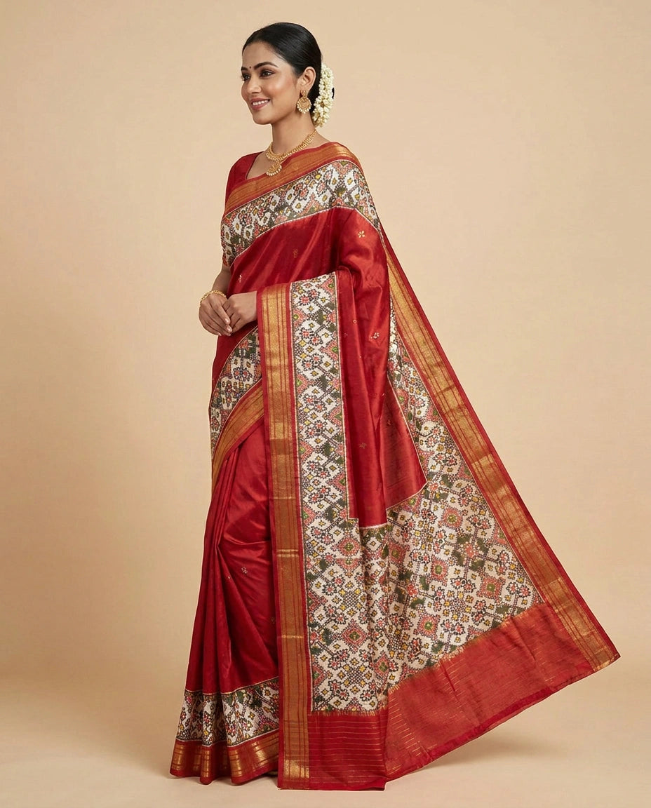 Red Ikkat Silk Katan Saree - Rangoli India