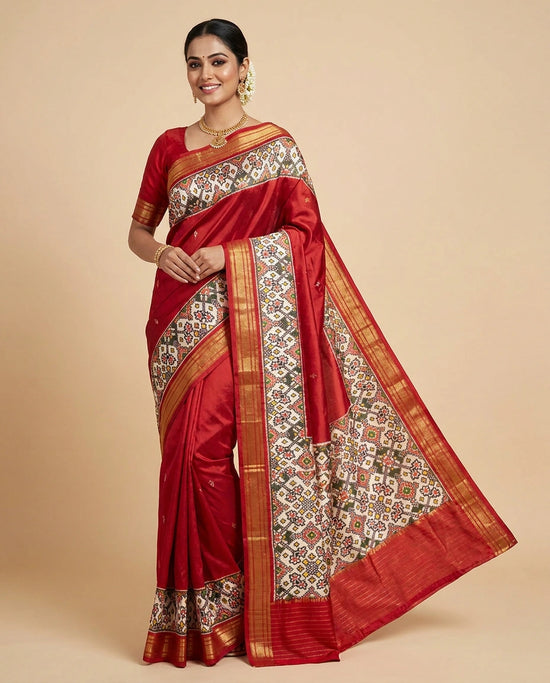 Red Ikkat Silk Katan Saree - Rangoli India