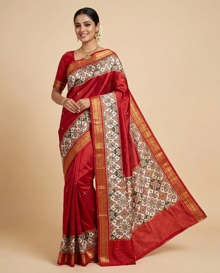 Red Ikkat Silk Katan Saree - Rangoli India