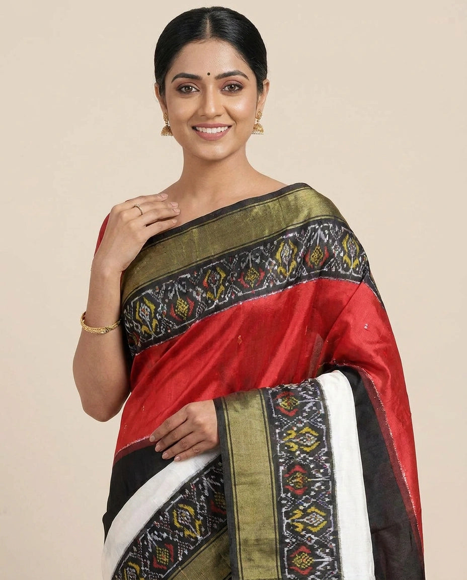 Red Pure Silk Ikkat Saree - Rangoli India