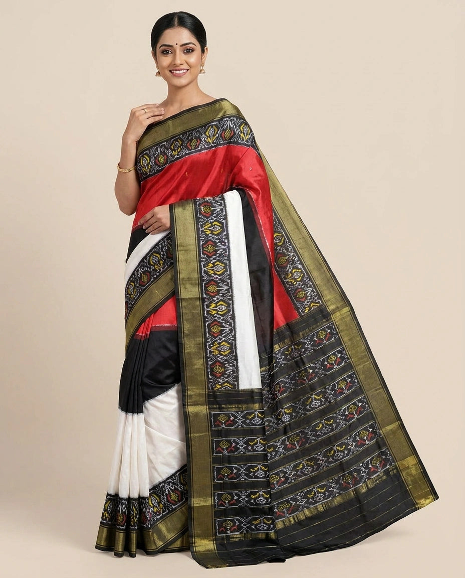 Red Pure Silk Ikkat Saree - Rangoli India
