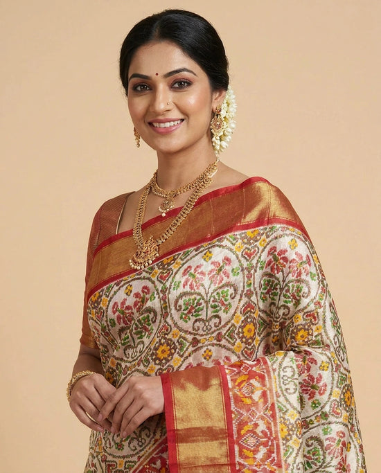 Off White Ikkat Tissue Saree - Rangoli India