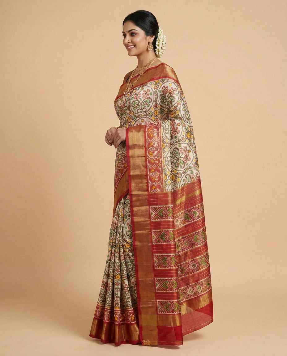 Off White Ikkat Tissue Saree - Rangoli India
