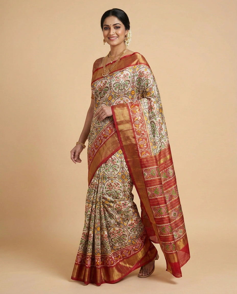 Off White Ikkat Tissue Saree - Rangoli India