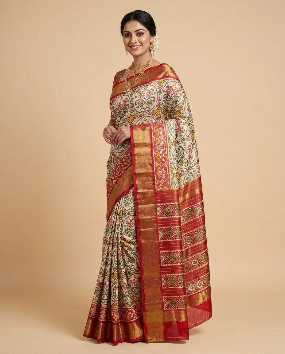 Off White Ikkat Tissue Saree - Rangoli India