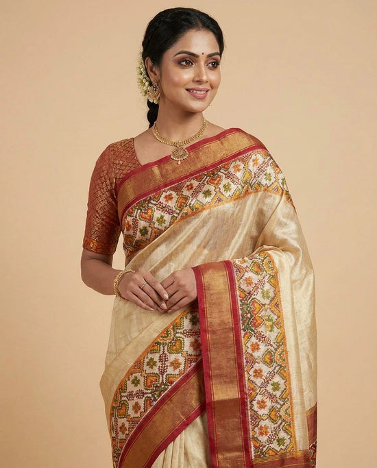 Off White Ikkat Saree in Tissue - Rangoli India