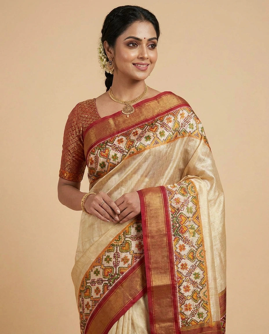 Off White Ikkat Saree in Tissue - Rangoli India