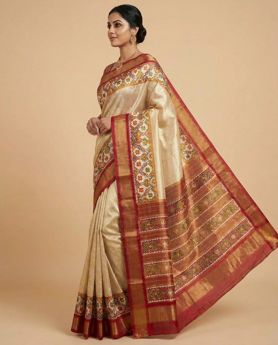 Off White Ikkat Saree in Tissue - Rangoli India