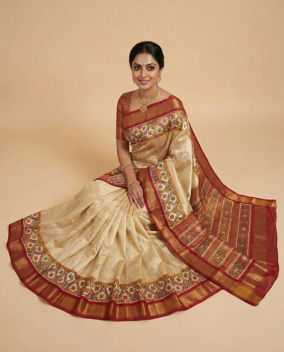 Off White Ikkat Saree in Tissue - Rangoli India