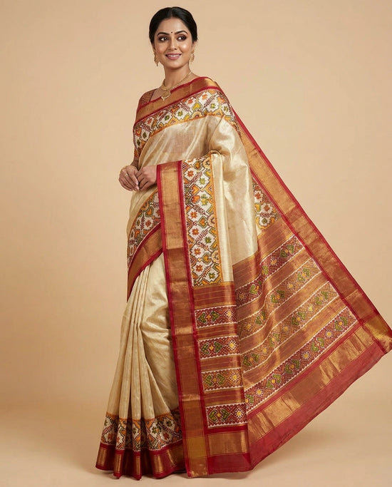 Off White Ikkat Saree in Tissue - Rangoli India