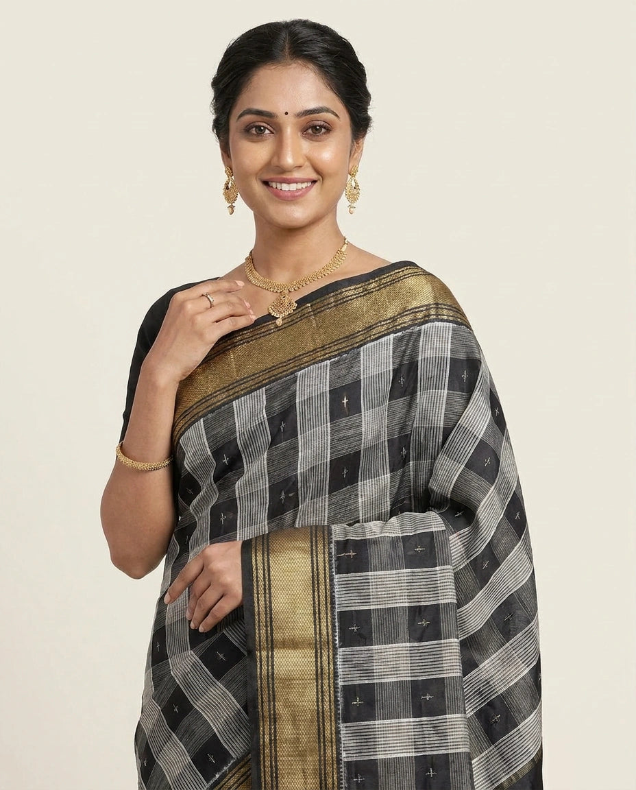 Black Pure Silk Katan Ikkat - Rangoli India
