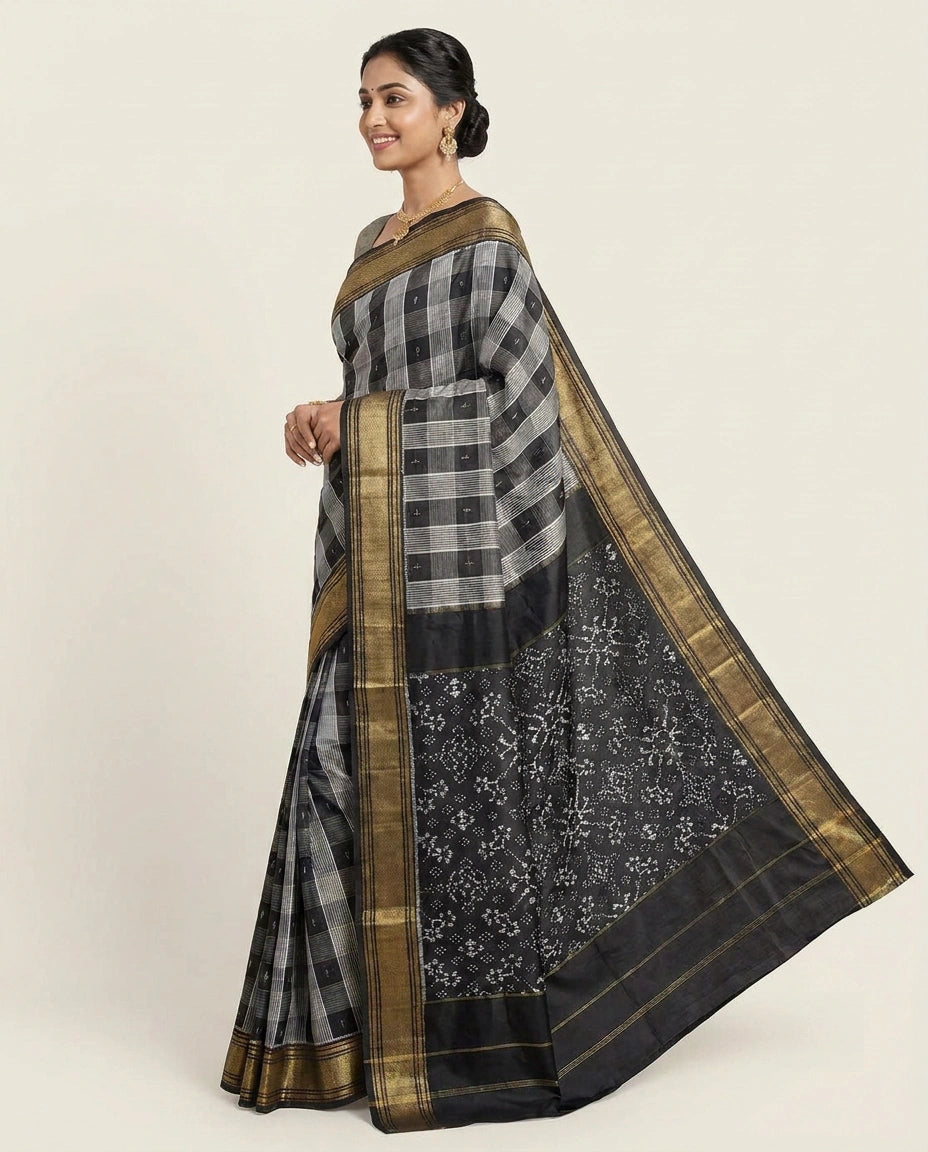 Black Pure Silk Katan Ikkat - Rangoli India