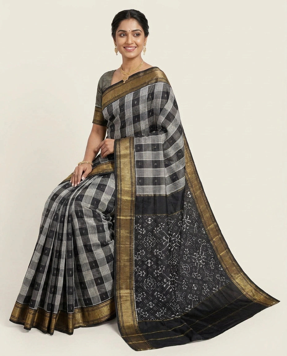 Black Pure Silk Katan Ikkat - Rangoli India