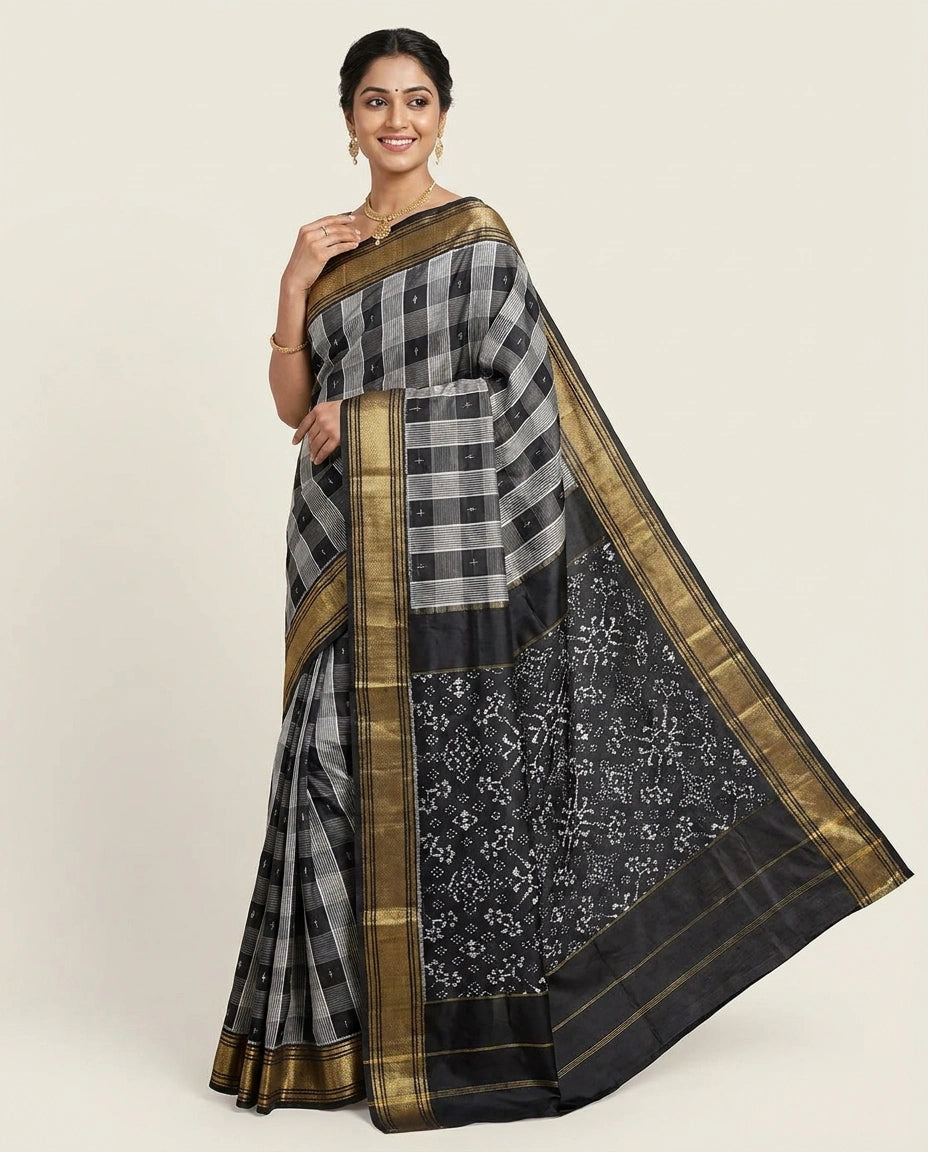 Black Pure Silk Katan Ikkat - Rangoli India