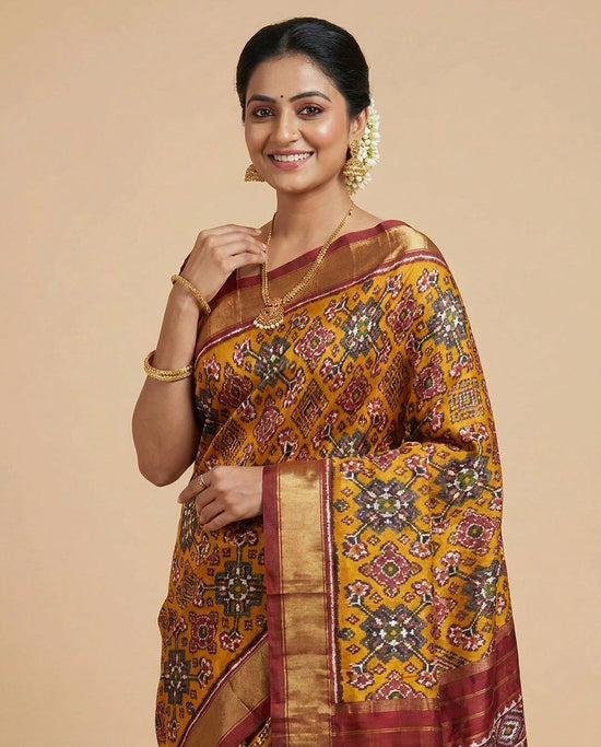 Ikkat Saree in Silk Katan with Geometric Weave - Rangoli India