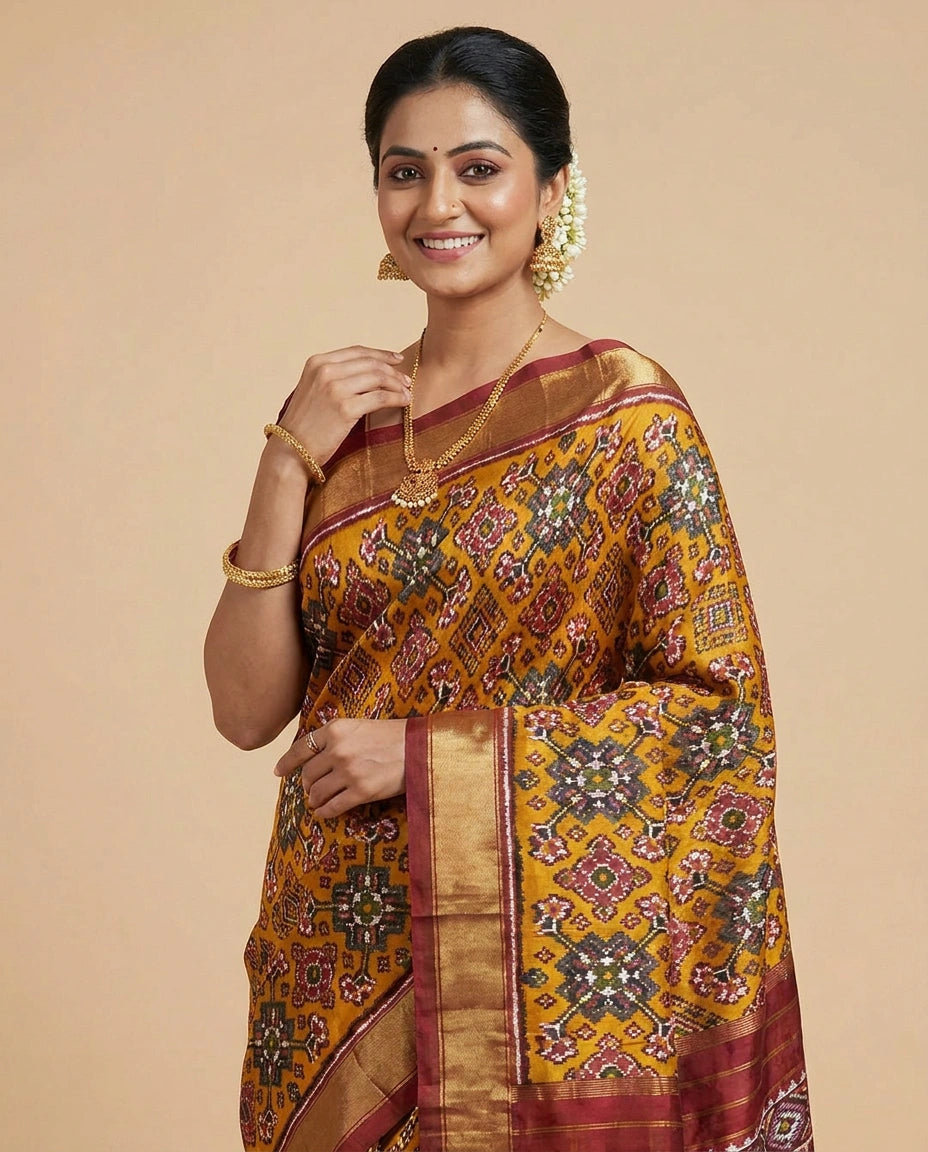 Ikkat Saree in Silk Katan with Geometric Weave - Rangoli India
