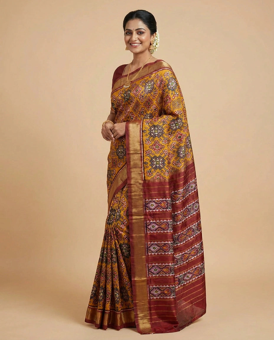 Ikkat Saree in Silk Katan with Geometric Weave - Rangoli India