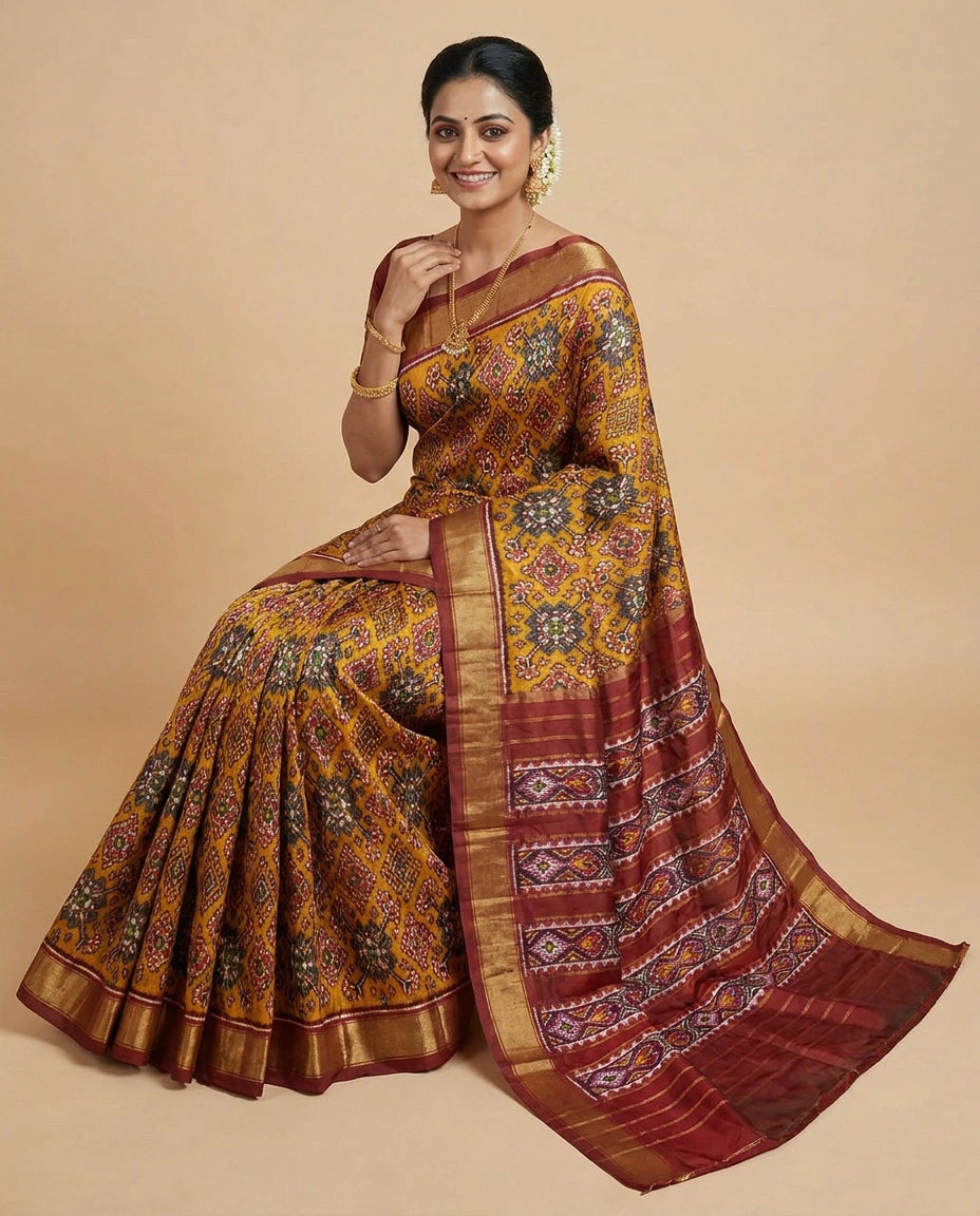 Ikkat Saree in Silk Katan with Geometric Weave - Rangoli India