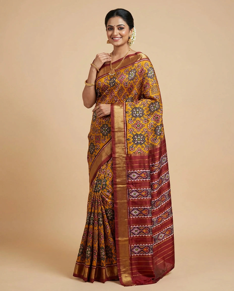Ikkat Saree in Silk Katan with Geometric Weave - Rangoli India