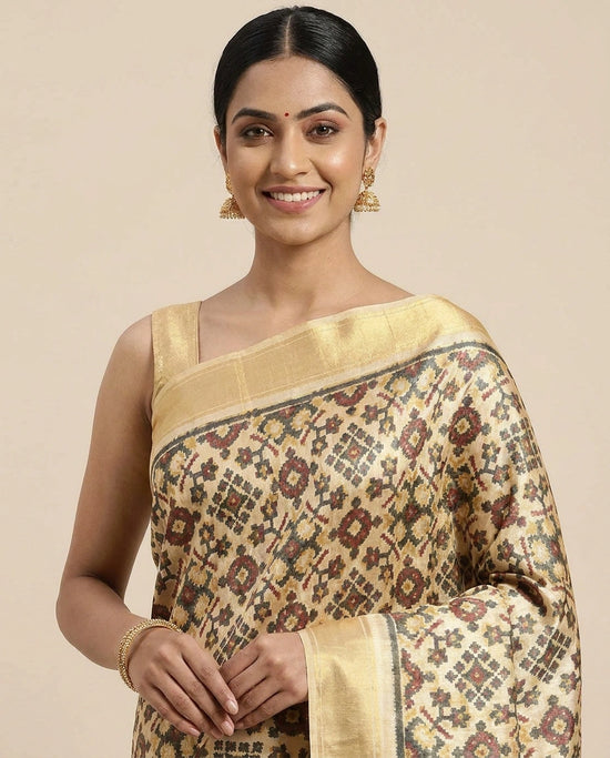 Beige Ikkat Saree in Silk Katan - Rangoli India