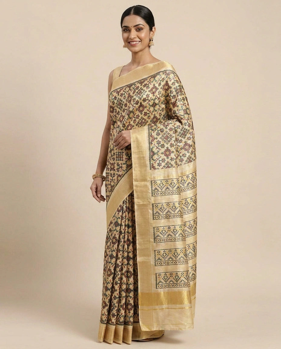 Beige Ikkat Saree in Silk Katan - Rangoli India