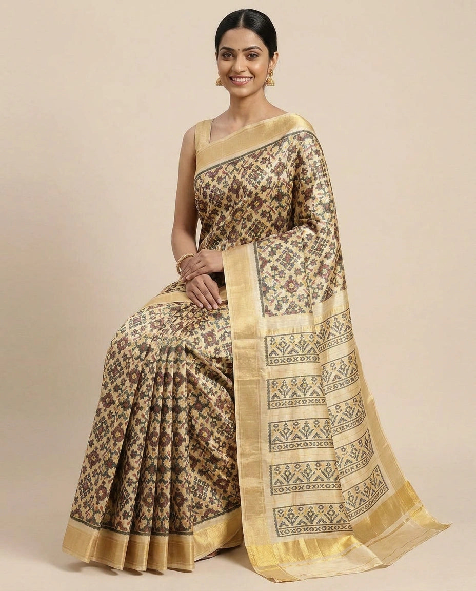 Beige Ikkat Saree in Silk Katan - Rangoli India