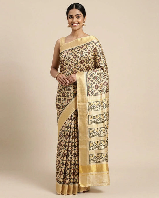 Beige Ikkat Saree in Silk Katan - Rangoli India