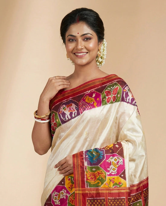 Off White Ikkat Saree with Red Border - Rangoli India