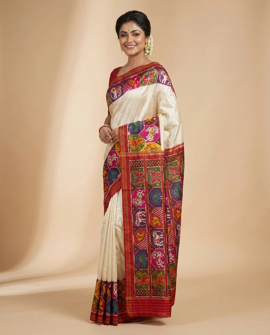 Off White Ikkat Saree with Red Border - Rangoli India