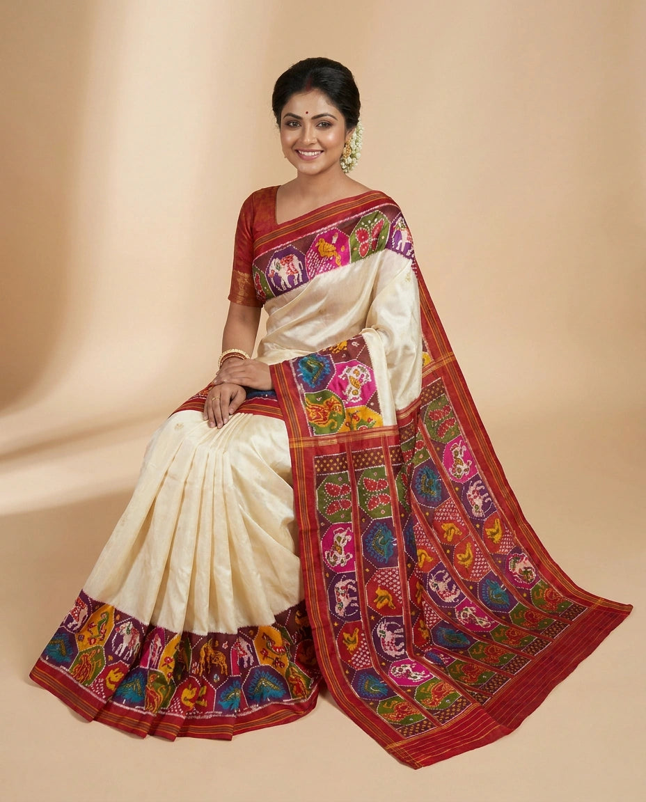 Off White Ikkat Saree with Red Border - Rangoli India