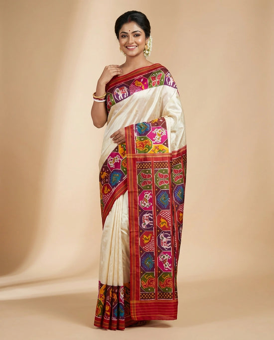 Off White Ikkat Saree with Red Border - Rangoli India