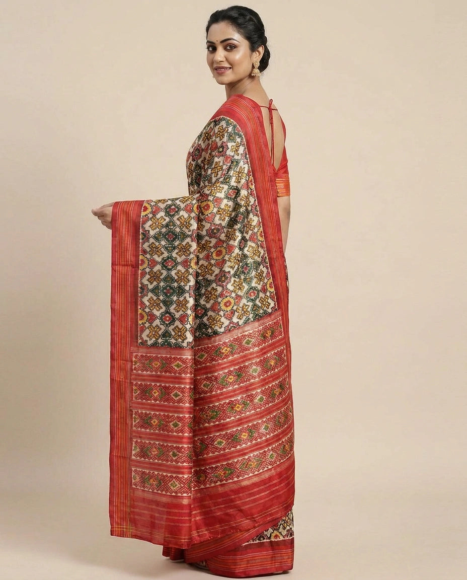Grey Ikkat Saree in Silk Katan - Rangoli India