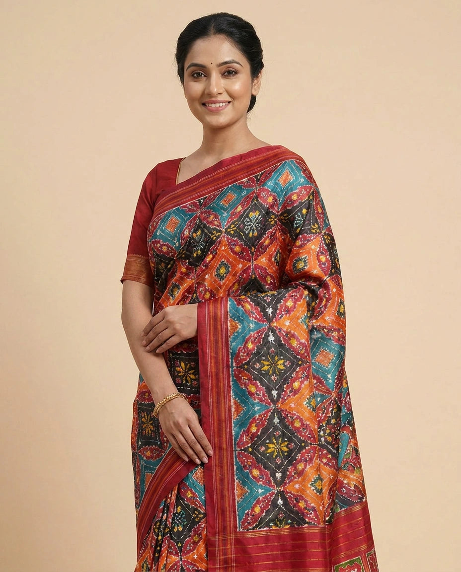Black Ikkat Saree with Geometric Weave - Rangoli India