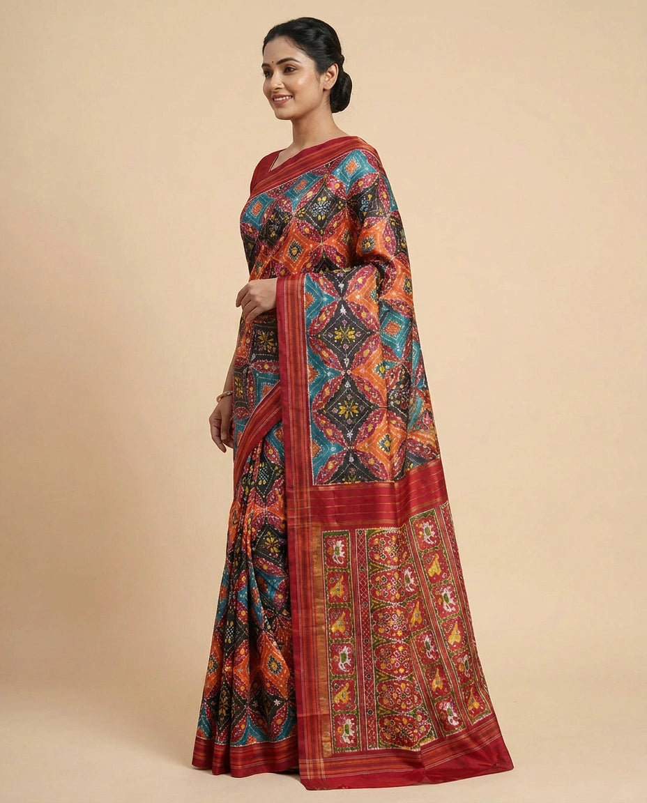 Black Ikkat Saree with Geometric Weave - Rangoli India