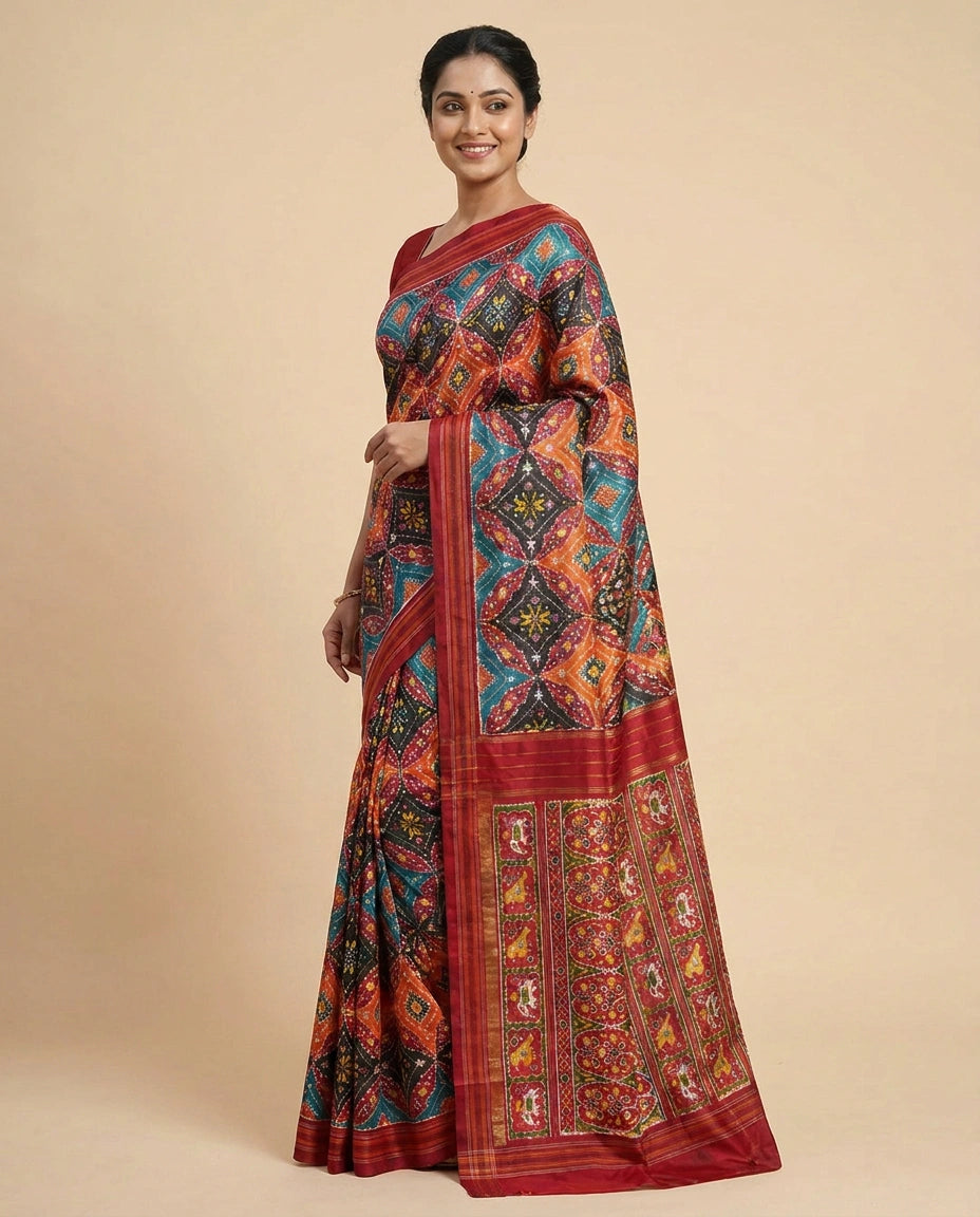 Black Ikkat Saree with Geometric Weave - Rangoli India