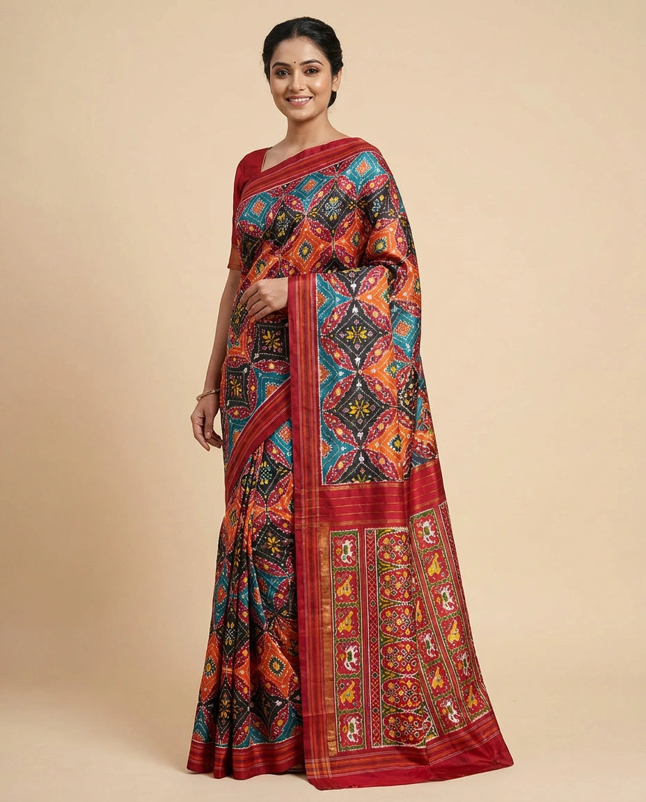 Black Ikkat Saree with Geometric Weave - Rangoli India