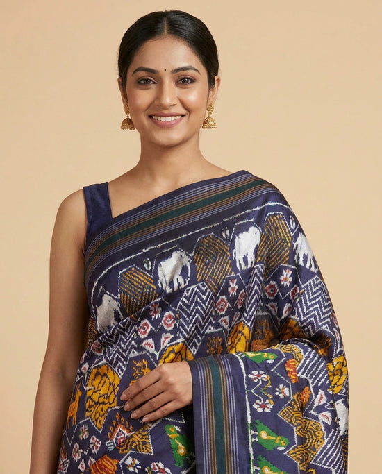 Navy Blue Ikkat Saree in Silk Katan - Rangoli India