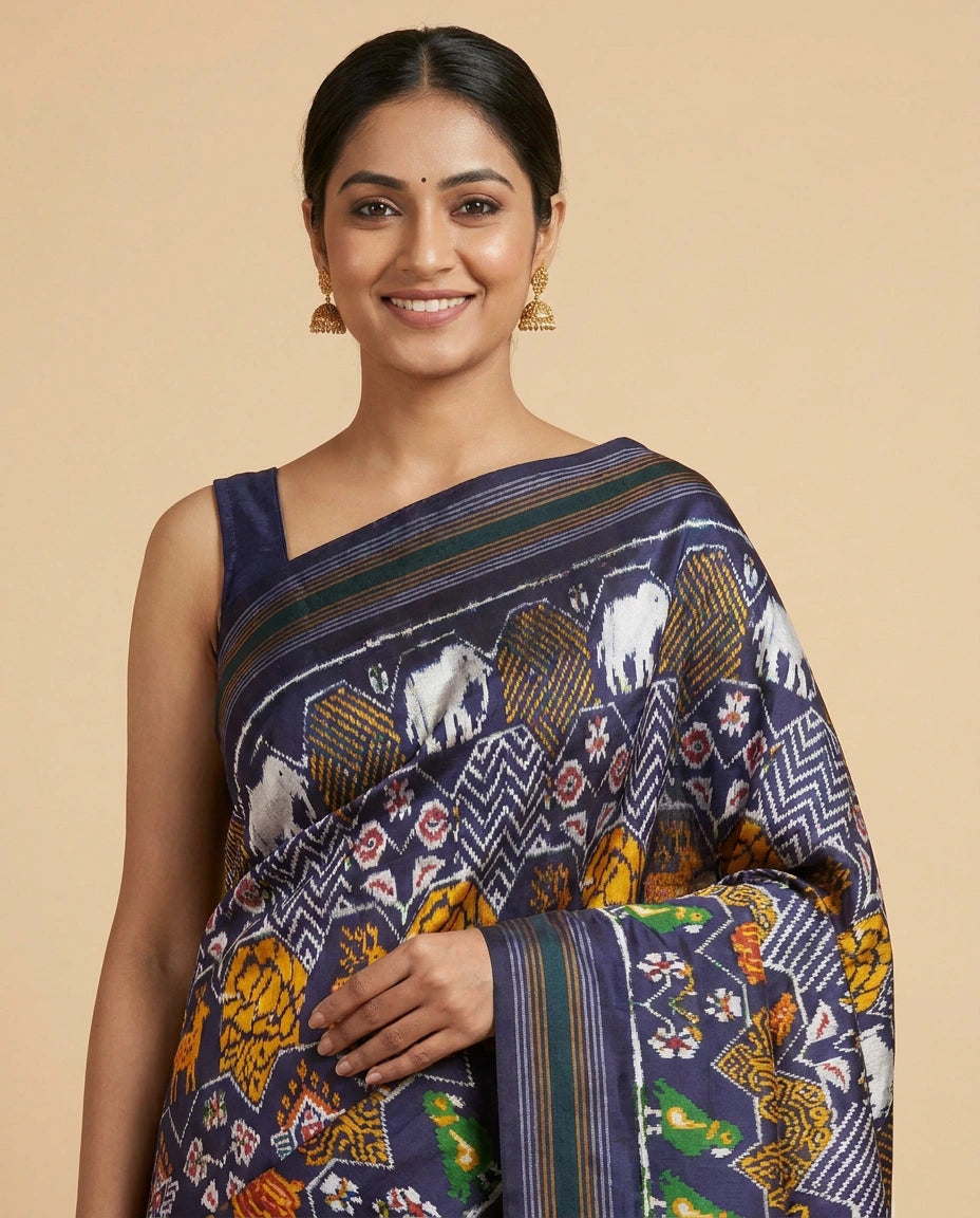 Navy Blue Ikkat Saree in Silk Katan - Rangoli India
