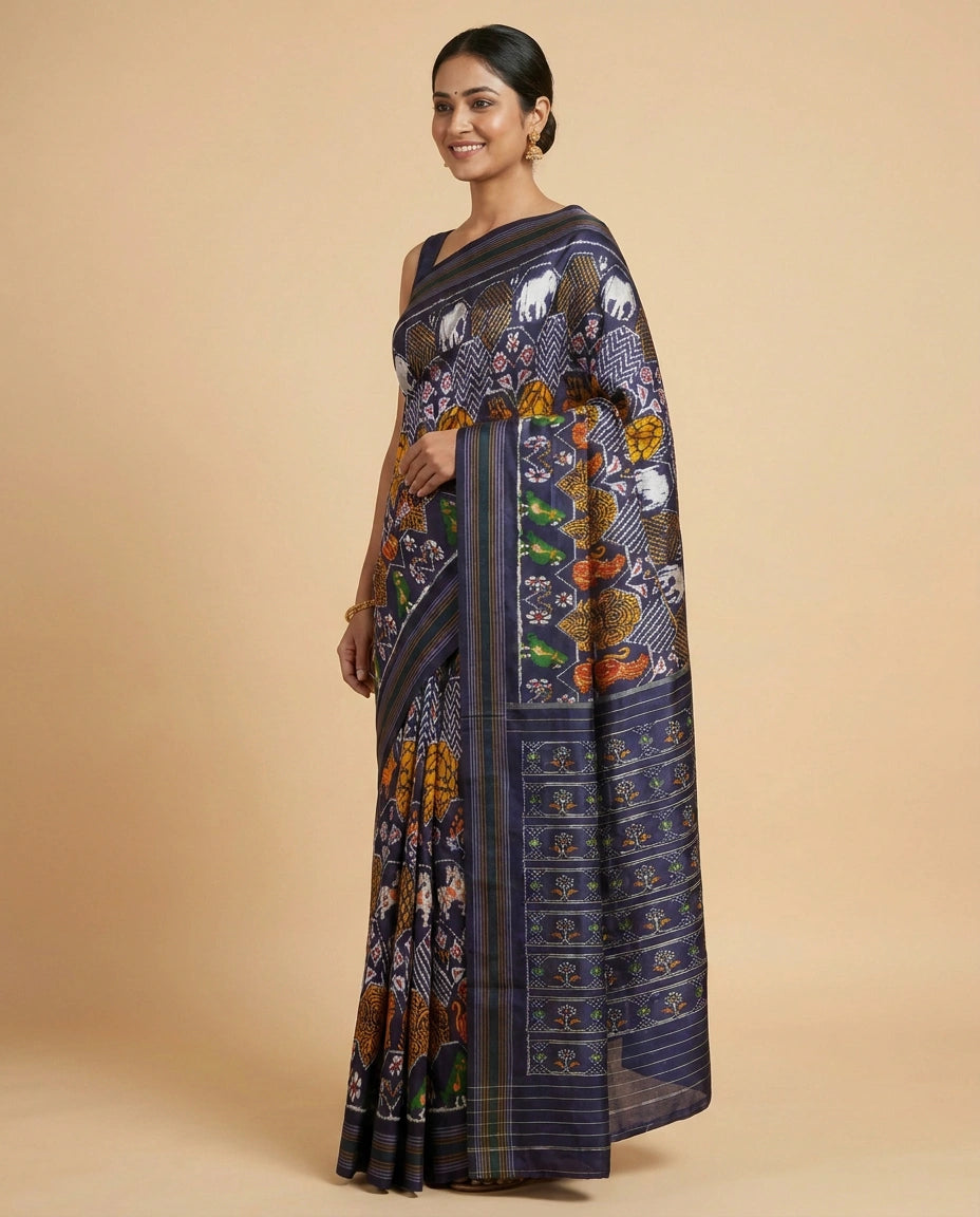 Navy Blue Ikkat Saree in Silk Katan - Rangoli India
