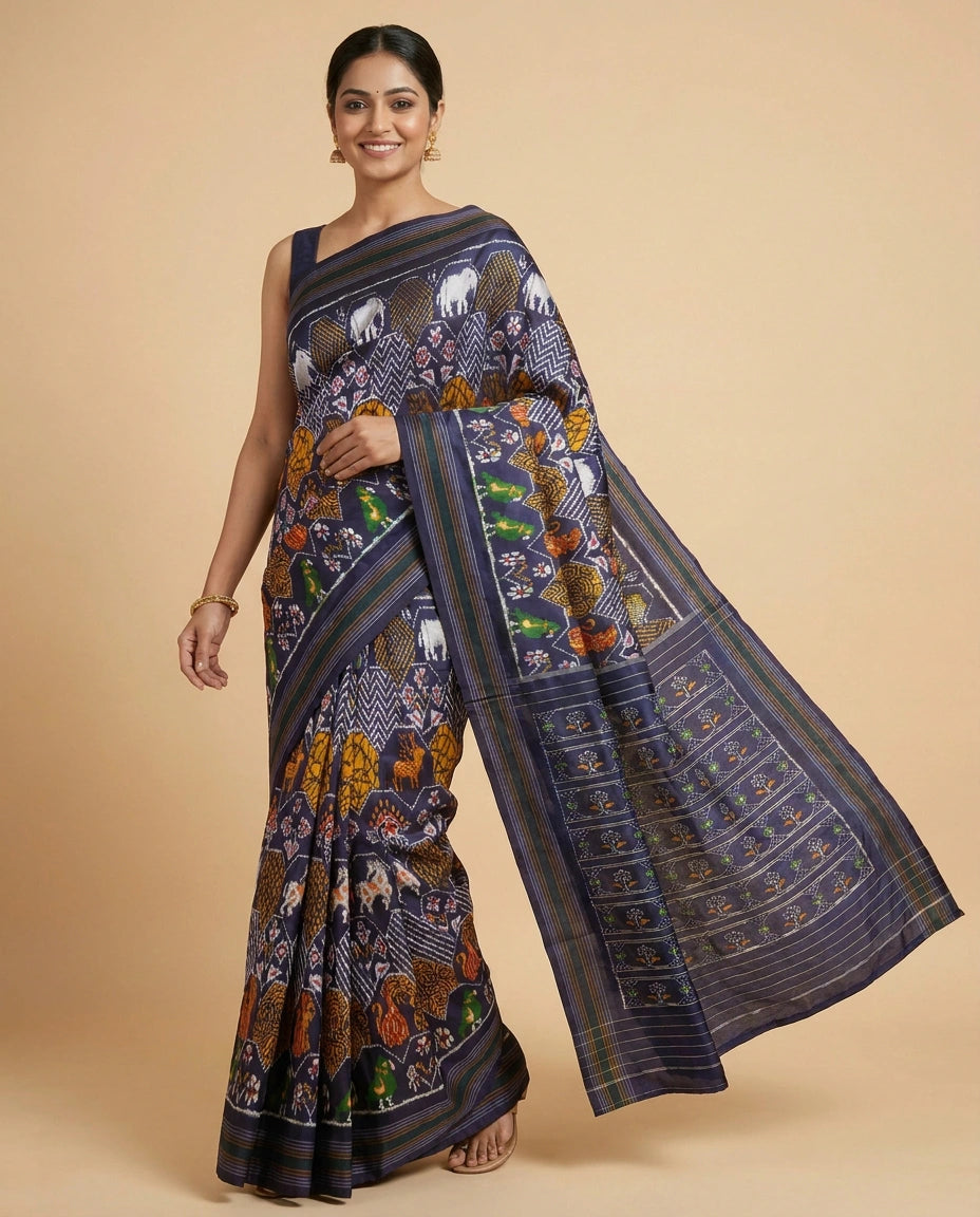 Navy Blue Ikkat Saree in Silk Katan - Rangoli India